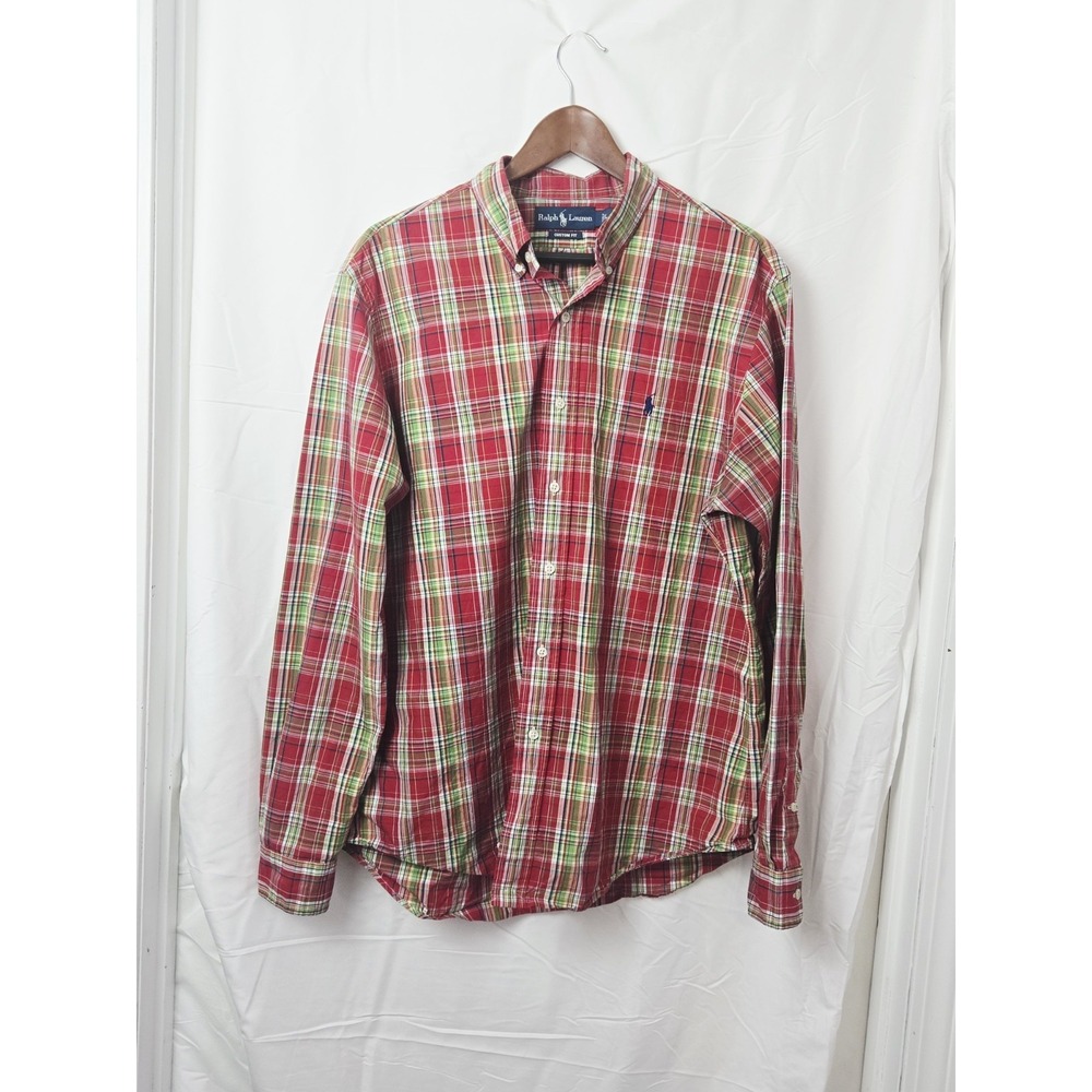 Polo Ralph Lauren Plaid Linen Shirt Large‎ Custom Fit red green